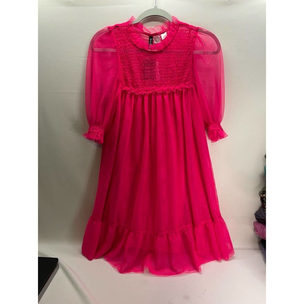 H&M Fuchsia Puff Sleeve Smocked Mini Dress
